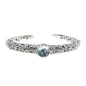 Blue Topaz 7-Inch Sterling Silver Bali Hinged Cuff Bracelet